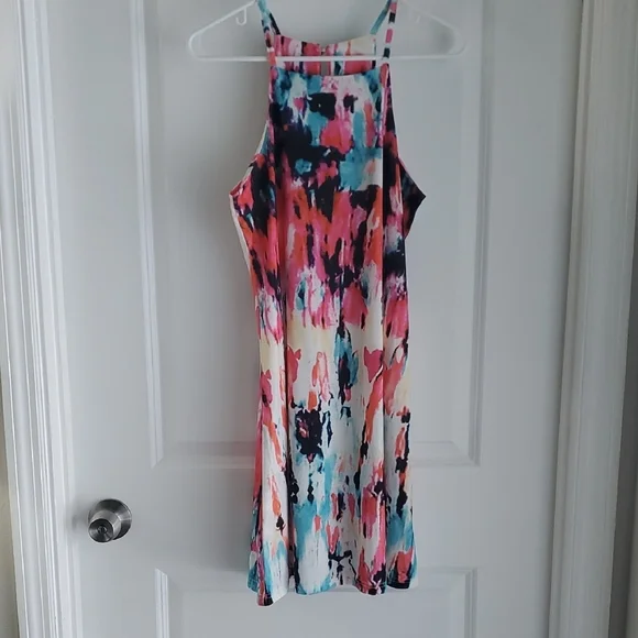 Chic Pink and Blue Halter Mini Sundress - Picture 1 of 3